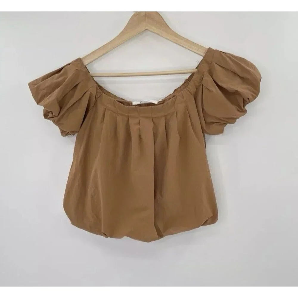 Astr The Label Women's Puff Sleeve Tan Off The Shoulder Top, Small, Boho Peasant